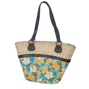 Floral Shoulder Bag Woven Straw Dual Handle Lined Tropical Hawaiian Wicker